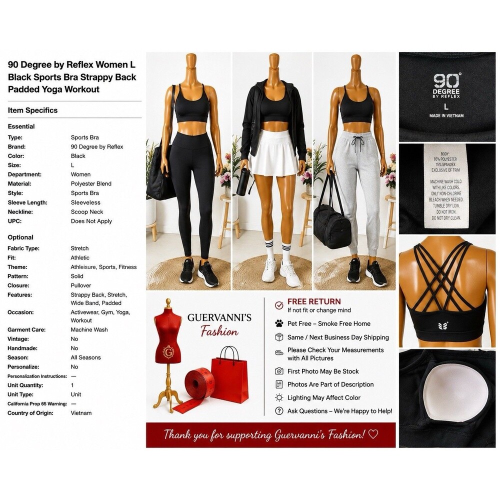 90 Degree by Reflex Womens Black Padded Yoga Workout Racerback Sports Bra Large